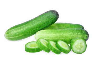 fresh green cucumber and slice isolated on white background