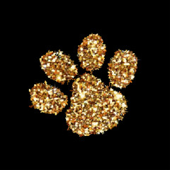 Gold glitter animal footprint isolated on background. Vector illustration. Art icon. Creative concept for web, glow light confetti, bright sequins, sparkle tinsel, abstract bling, shimmer dust.