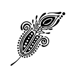 Vector hand drawn illustration, decorative ornamental stylized feather. Black and white graphic illustration isolated on the white background. Inc drawing silhouette.