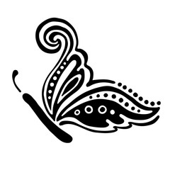 Vector black and white  illustration of insect. Butterfly isolated on the white background. Hand drawn decorative vector logo, icon, sign, tattoo. Graphic vector illustration.