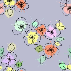 Fotobehang Seamless vector hand drawn seamless floral  pattern. Background with flowers, leaves. Decorative graphic vector drawn illustration. © Valentain Jevee