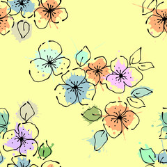 Seamless vector hand drawn seamless floral  pattern. Background with flowers, leaves. Decorative graphic vector drawn illustration.