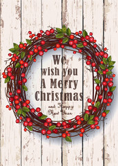 Christmas wreath. Festive decoration on a rustic wooden background. Greeting card