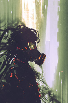 sci-fi concept of man wearing a futuristic gas mask,illustration painting