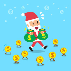 Santa claus carrying money bags and walking with money coins