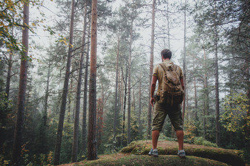 Obraz premium Man using hiking with backpack outdoors in woods