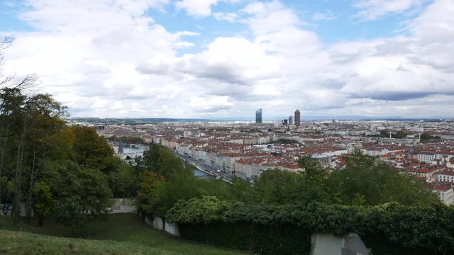 Timelipse view of Lyon city France from Fourviere hill by day, 4k timelapse