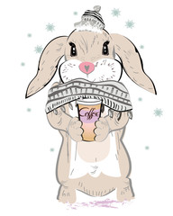 Cute bunny in knitted scarf and hat drrinking coffee. Vector illustration. Hand drawn graphic, kid print
