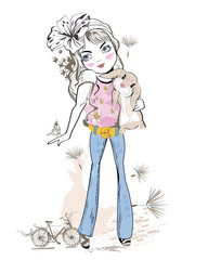 Cute fashion girl with a bunny, decorated with flowers. Hand drawn Vector Illustration.
