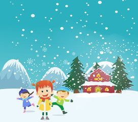 happy kids playing outdoors in winter