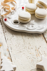 White truffle macaroons. Christmas background. Copyspace