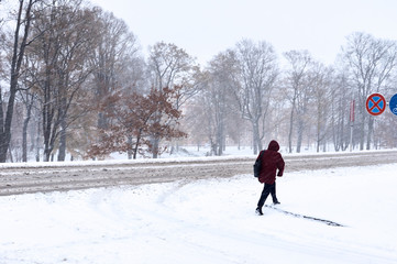 Snowfall in the city streets