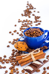 Coffee cup and beans on a white background.
