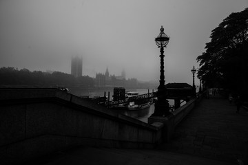 A late autumnal foggy shot taken from Southbank looking up toward a misty Houses of Parliament.