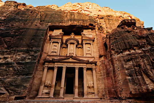 Al Khazneh in the ancient city of Petra, Jordan at sunrise.  Treasury.