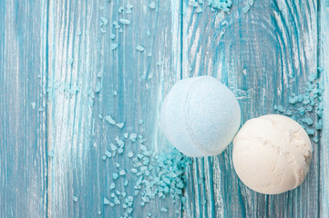 bath bombs closeup on wooden background