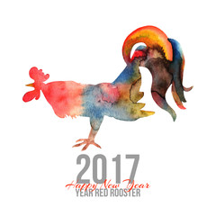 Card with fire cock in watercolor. Isolated on white. © ZUBKOVA IULIIA