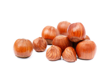 Group healty hazelnuts isolated on white background