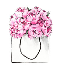 Watercolor illustration of hand painted peonies in paper bag