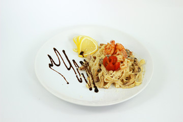 Spaghetti Carbonara Shrimps on a white background