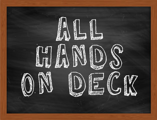 ALL HANDS ON DECK handwritten text on black chalkboard