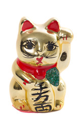 Golden japanese cat ceramic on white background