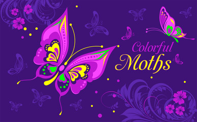 Fototapeta na wymiar motley butterfly on a purple background 