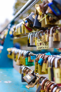 Love Locks For Good Luck On A Bridge In Bakewell, UK - Multiple Locks With Single Sign Love