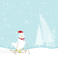 Beautiful season with rooster on ski and snow background