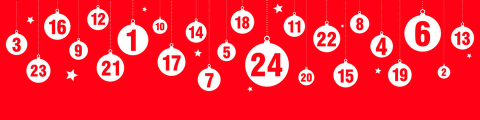 Obraz na płótnie Canvas Advent calendar - Hanging baubles on red background