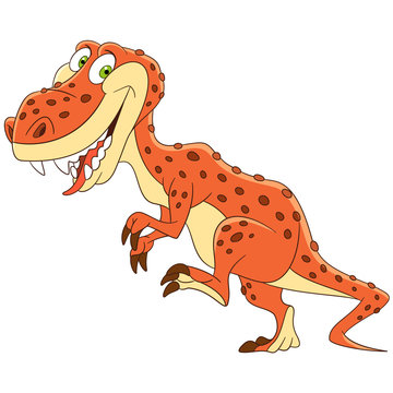 Cute and happy cartoon tyrannosaurus (t rex dinosaur), isolated on white background. Childish vector illustration and colorful book page for kids.