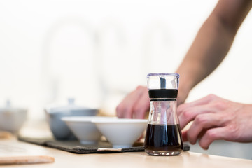 White hot tea cup and set tea drinking.
