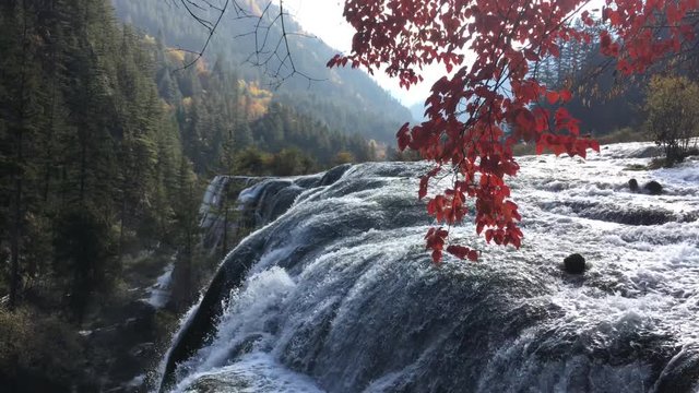Pearl Shoal Waterfalls at Jiuzhaigou National Park  lake,  The UNESCO World Heritage in Sichuan , China in  Autumn  in November  located in  in  Tibetan-Qiang of Sichuan ,China
