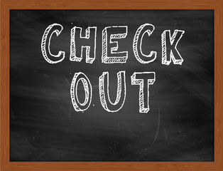 CHECK OUT handwritten text on black chalkboard