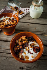 The cozy breakfast, Homemade granola with dried fruits and nuts, organic yogurt in jar. 