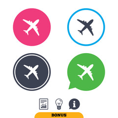 Airplane sign. Plane symbol. Travel icon. Flight flat label. Report document, information sign and light bulb icons. Vector
