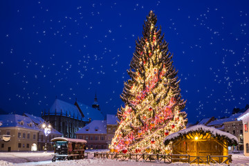Christmas scene with decorated tree in downtown of Brasov city outdoors, in the town square, Romania