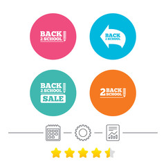 Back to school sale icons. Studies after the holidays signs. Pencil symbol. Calendar, cogwheel and report linear icons. Star vote ranking. Vector