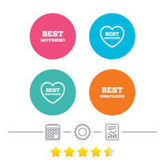 Best boyfriend and girlfriend icons. Heart love signs. Award symbol. Calendar, cogwheel and report linear icons. Star vote ranking. Vector