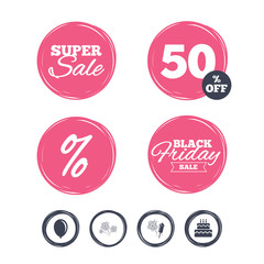 Super sale and black friday stickers. Birthday party icons. Cake and gift box signs. Air balloon and fireworks symbol. Shopping labels. Vector