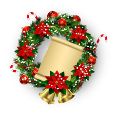 White card with Christmas wreath and bow