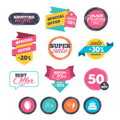 Sale stickers, online shopping. Birthday party icons. Cake and gift box signs. Air balloon and fireworks symbol. Website badges. Black friday. Vector