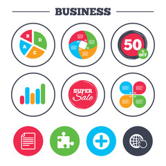 Business pie chart. Growth graph. Plus add circle and puzzle piece icons. Document file and globe with hand pointer sign symbols. Super sale and discount buttons. Vector