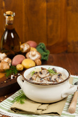 Cream of Mushroom Potato Soup. Selective focus.