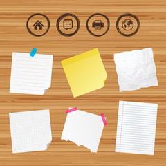 Business paper banners with notes. Home main page and globe icons. Printer and chat speech bubble with suspension points sign symbols. Sticky colorful tape. Vector