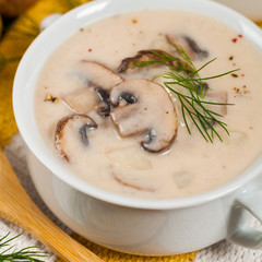 Cream of Mushroom Potato Soup. Selective focus.