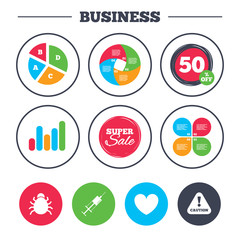 Business pie chart. Growth graph. Bug and vaccine syringe injection icons. Heart and caution with exclamation sign symbols. Super sale and discount buttons. Vector