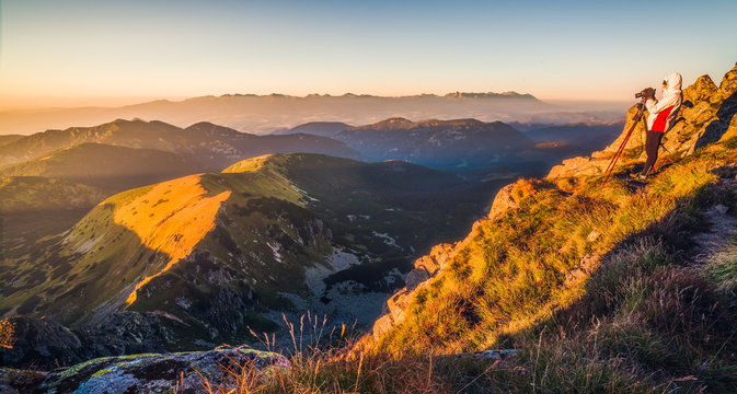 Photographer Takes Picture of Mountain Landscape at Sunset. Mount Dumbier, Low Tatra, Slovakia.