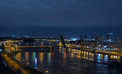 City view with open bridge over Neva river. Saint Petersburg evening view.