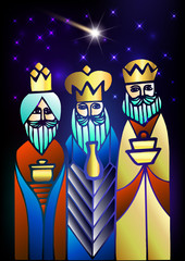 Stylized Biblical Christmas etude: three Wise Men are visiting the new King of Jerusalem Jesus Christ after His birth.